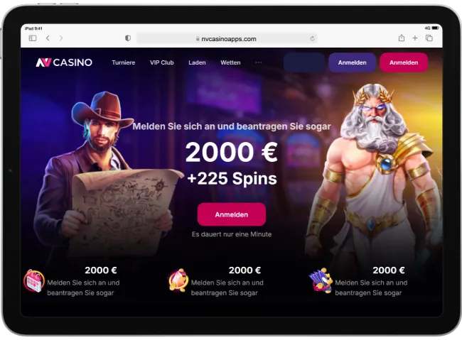NV Casino Startbildschirm mit Willkommensangebot