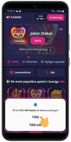 NV Casino-appen med en dialogruta för att godkänna push-meddelanden