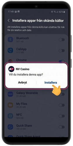 Bekräftelse av installationen av NV Casino-appen på Android