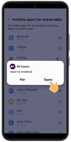 Bekräftelse på att installationen av NV Casino-appen är klar